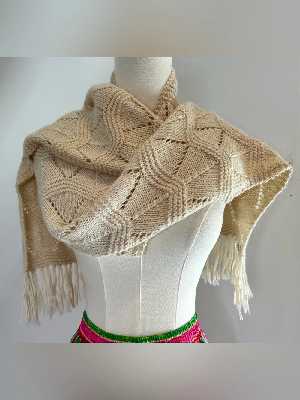 Handmade Peru 100% Alpaca Wool Cream Knit Fringe Scarf
